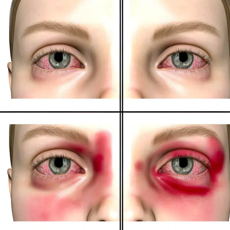 Hyper-realistische Darstellung von vier Frauenaugen mit Anzeichen einer Allergie gegen Wimpernkleber, einschließlich Rötung und Schwellung