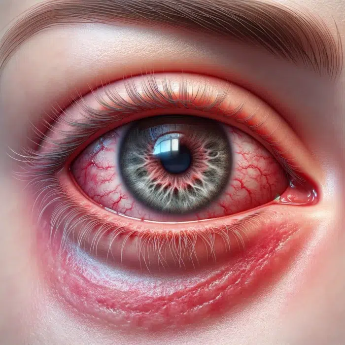 Allergie Wimpernkleber : Menschliches Auge mit allergischer Reaktion auf Wimpernkleber, zeigt Rötung, Schwellung und Irritation als Symptome