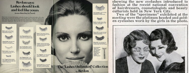 Vintage-Werbung und Artikel zeigen die Entwicklung der Fake Lashes, einschließlich der 'Lashes Unlimited' Kollektion von Revlon