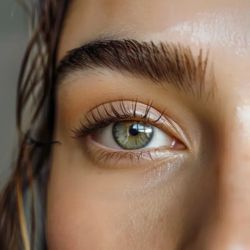 Detailaufnahme eines Auges mit Wimpernlifting, welches die natürlichen Wimpern betont und einen offenen Blick verleiht, auf heller Haut.