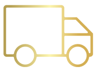 Minimalistisches Design eines Lieferwagens in Gold auf schwarzem Hintergrund, verspricht schnelle und kostenlose Lieferung, ideal für den Ausdruck effizienter Kundenlogistik.